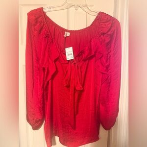 NWT Women’s Plus Cato 18/20W Long Sleeve Red Satin Tie Front Ruffle Blouse Shirt